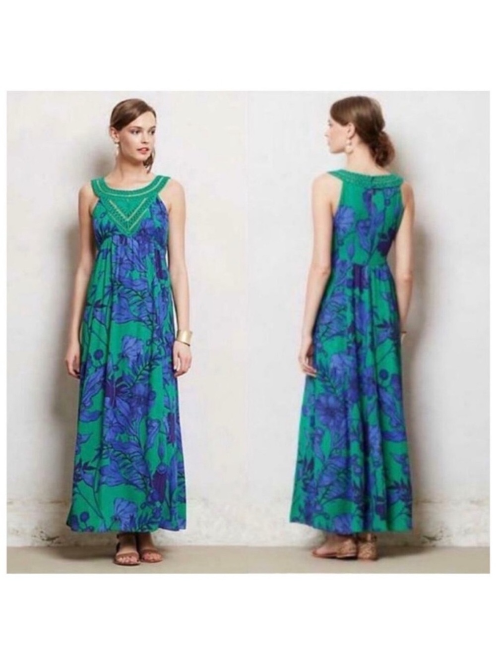 Anthropologie Green and Blue Floral Crochet-Neck Maxi Dress